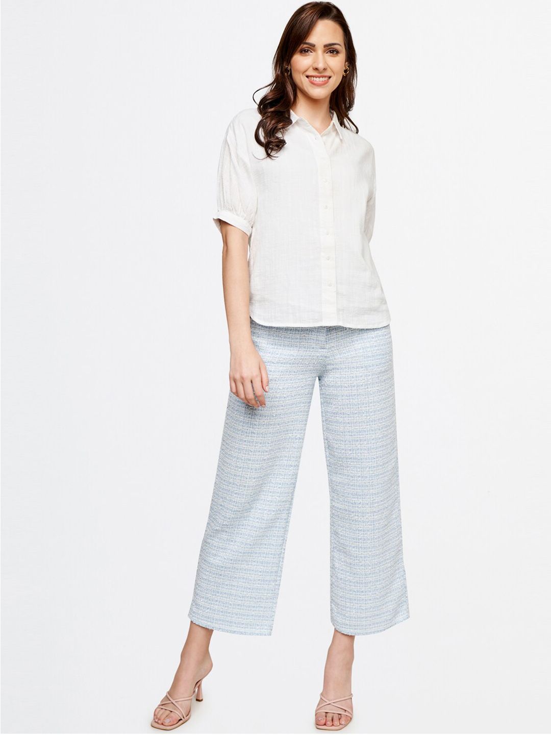AND Women Blue Checked Flared Trouser
