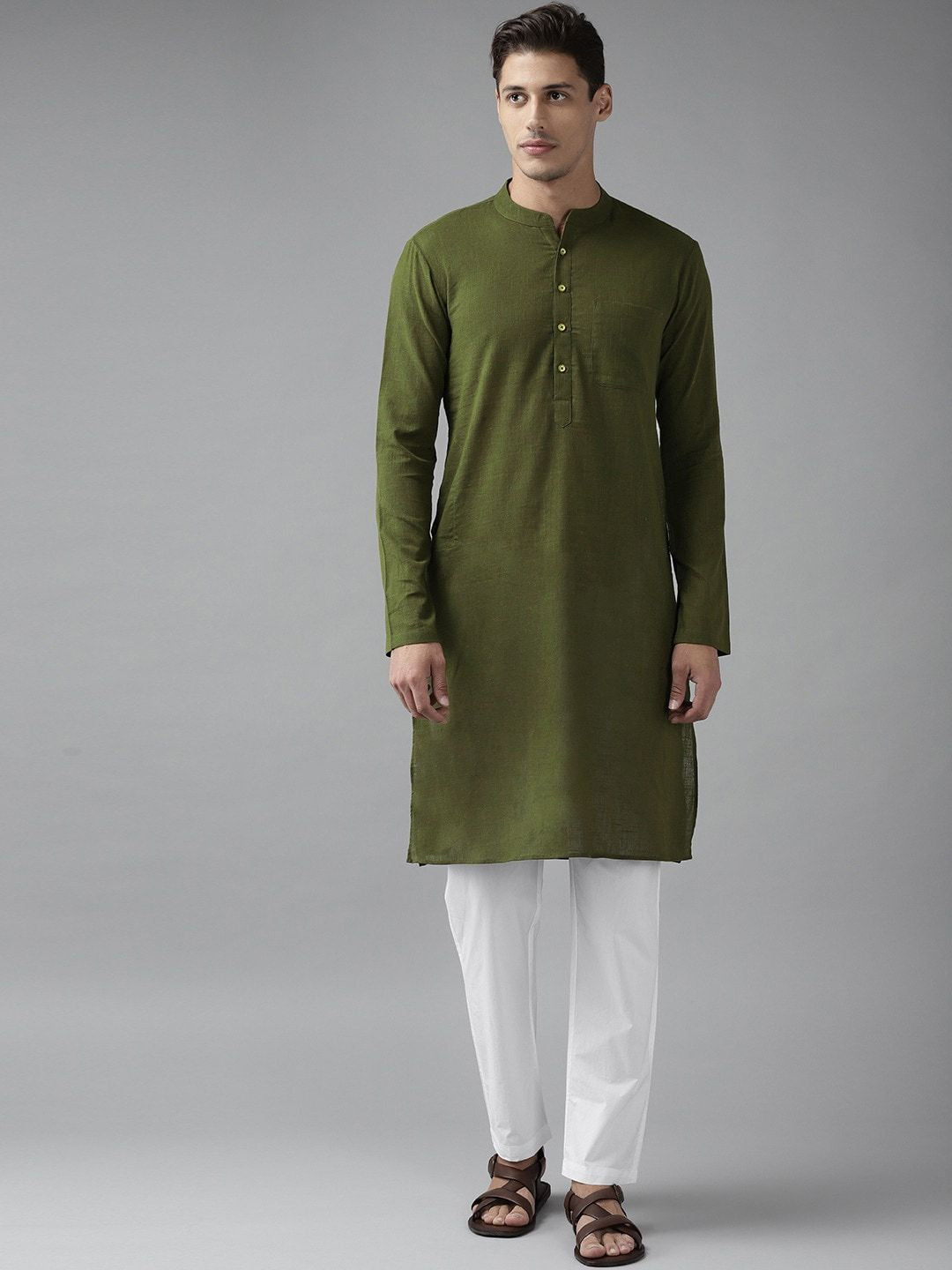 See Designs Men Olive Thread Work Straight Cotton Kurta