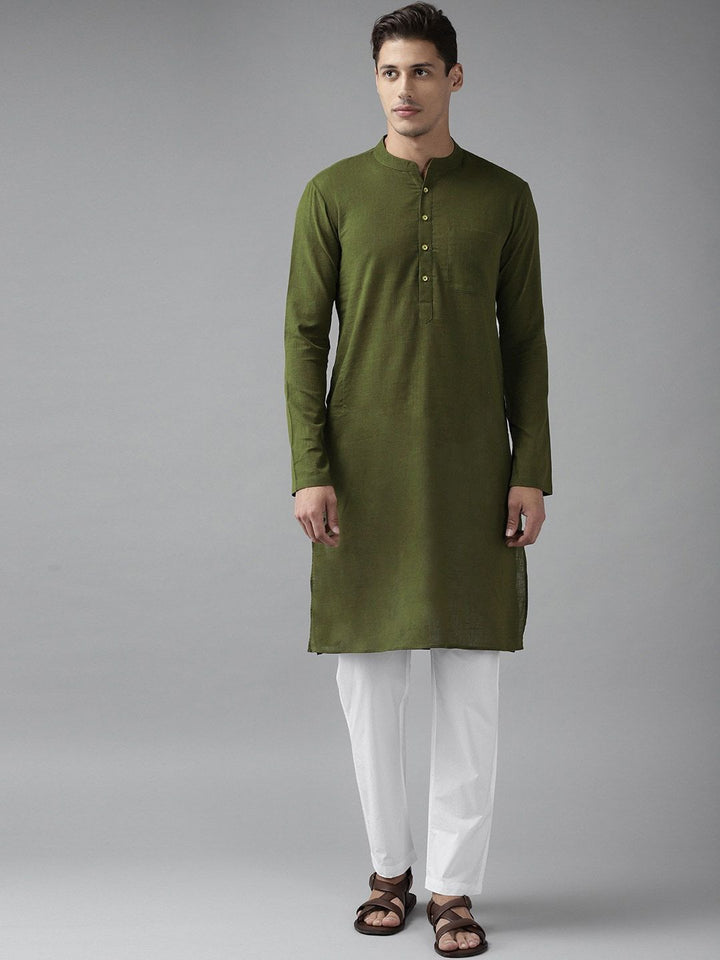 See Designs Men Olive Thread Work Straight Cotton Kurta