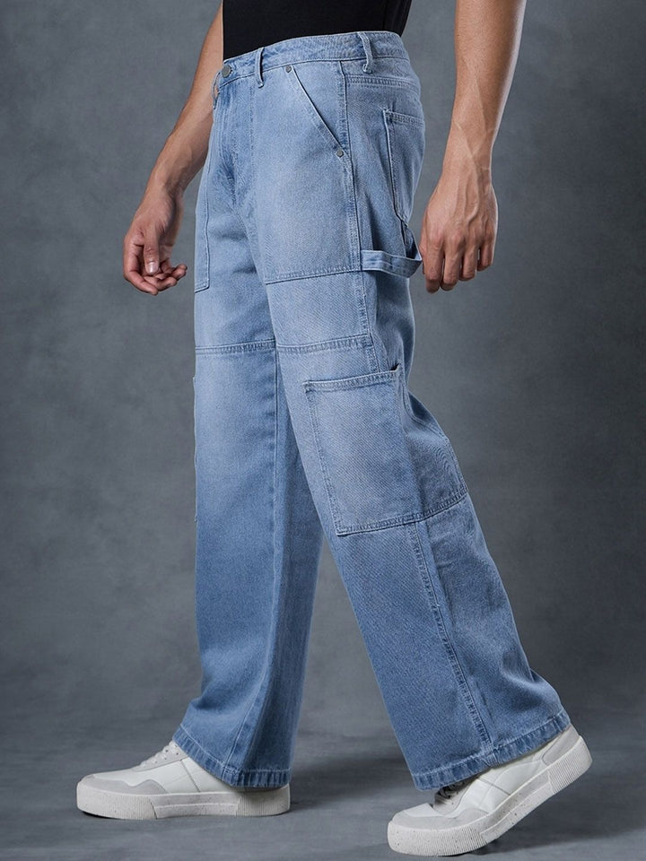 Bewakoof Men's Blue Baggy Cargo Carpenter Mid-Rise Jeans