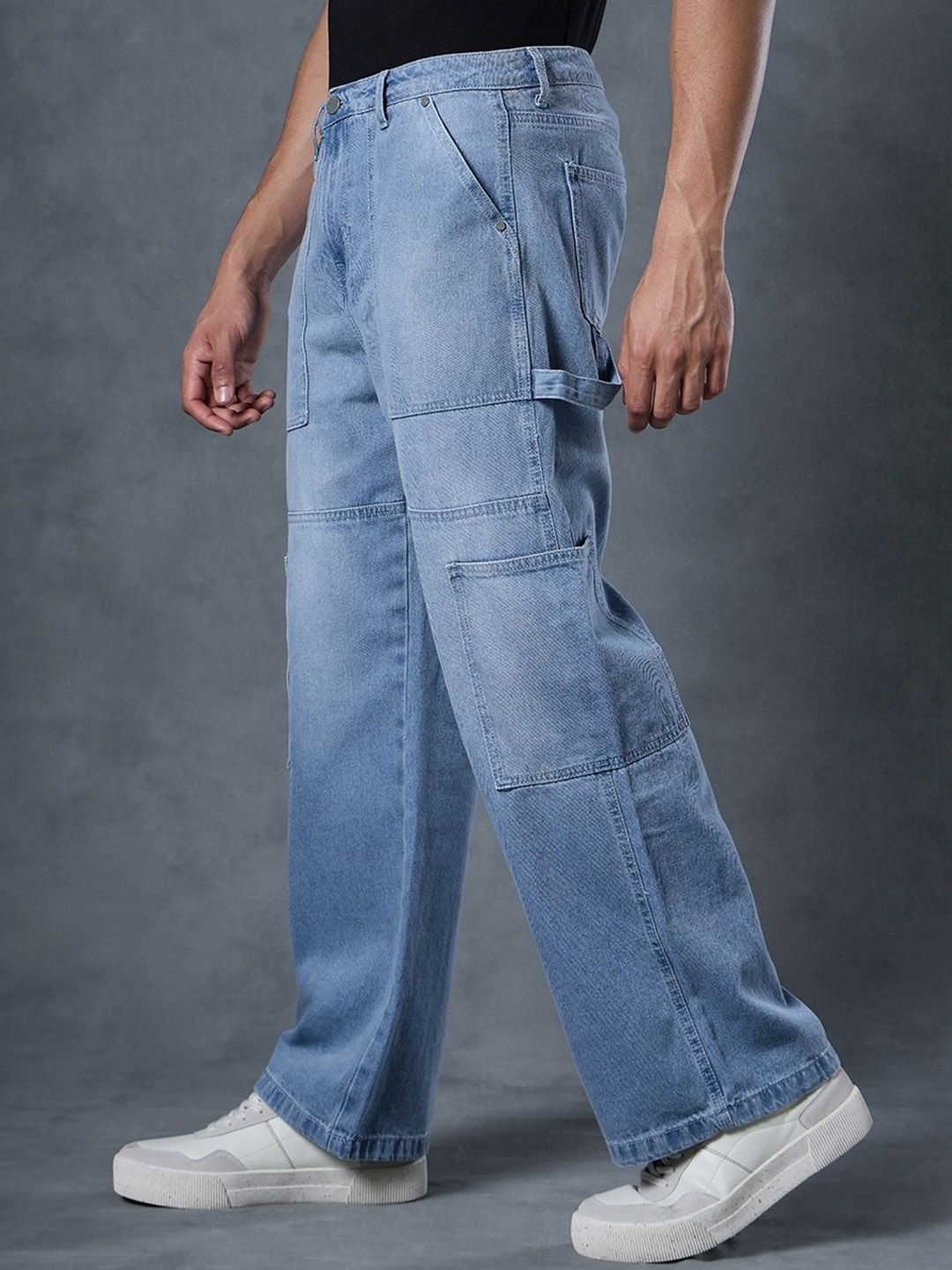 Bewakoof Men's Blue Baggy Cargo Carpenter Mid-Rise Jeans