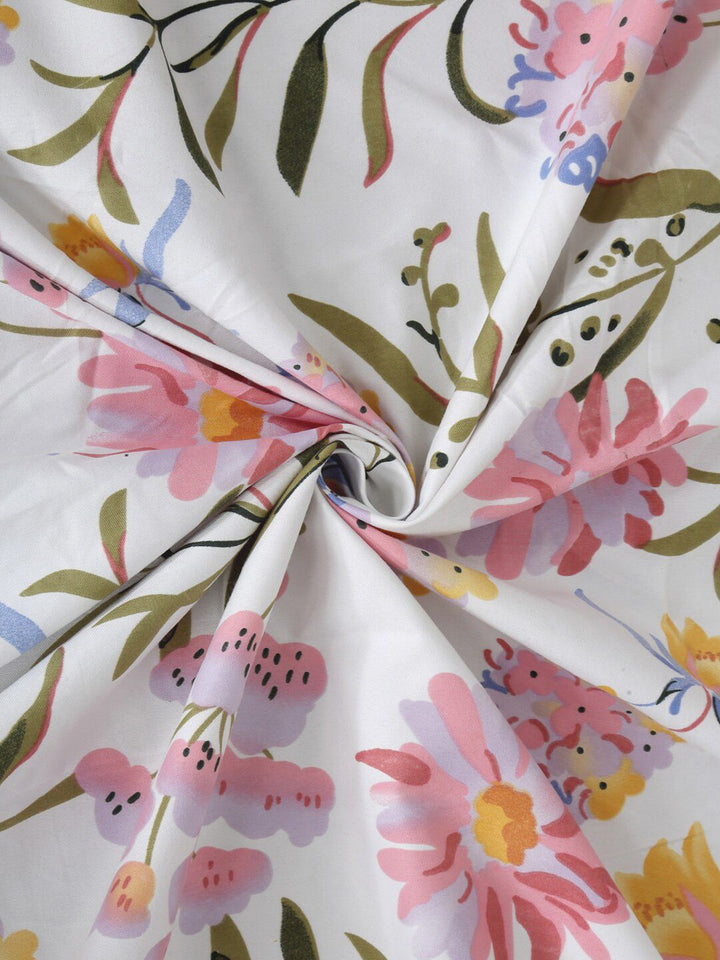 KLOTTHE White Floral Fitted 300 TC Super King Bedsheet with 2 Pillow Covers-270X270 cm