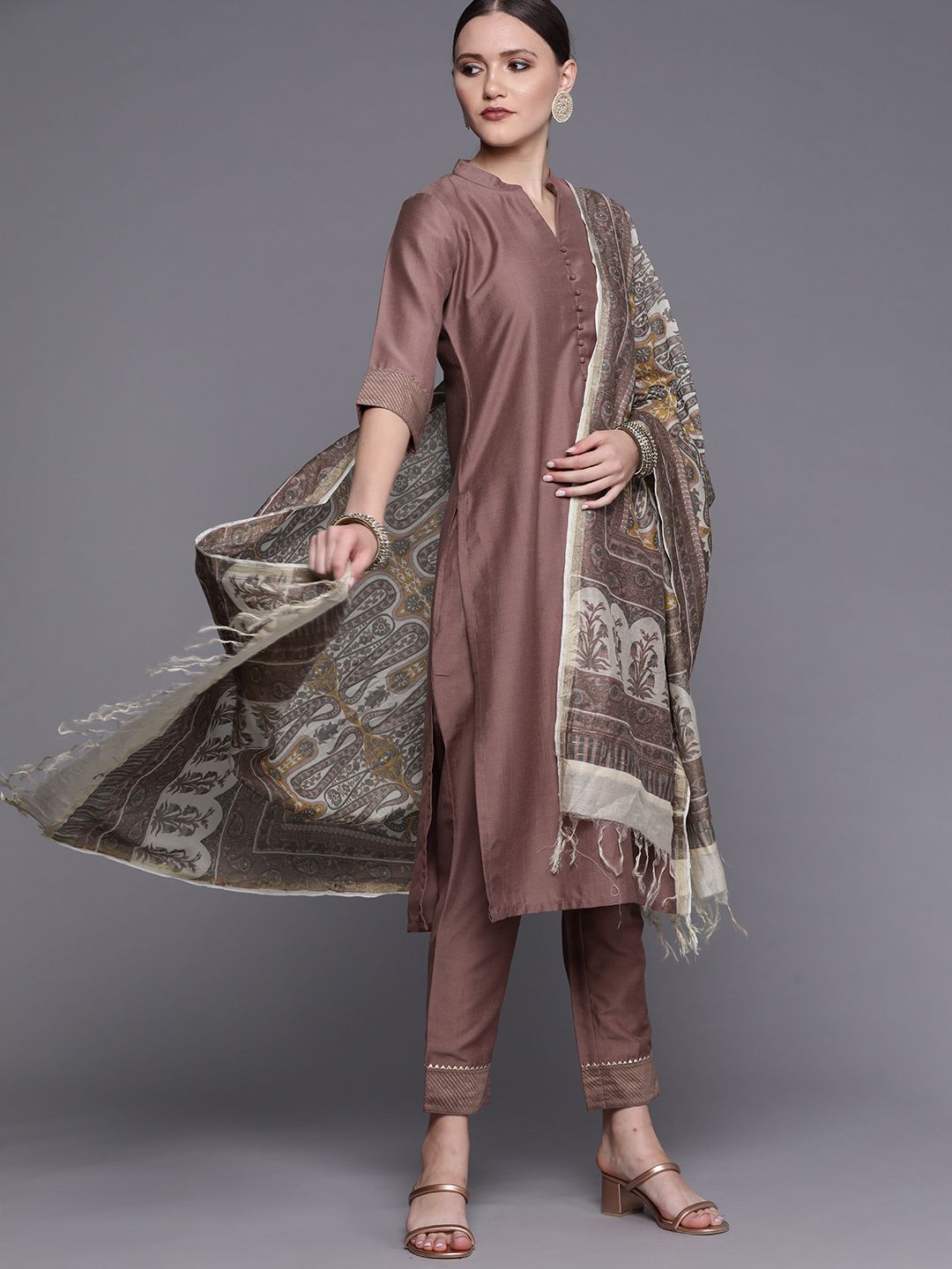 Libas Women Mauve  Kurta with Ethnic Motifs Print Dupatta & Trousers