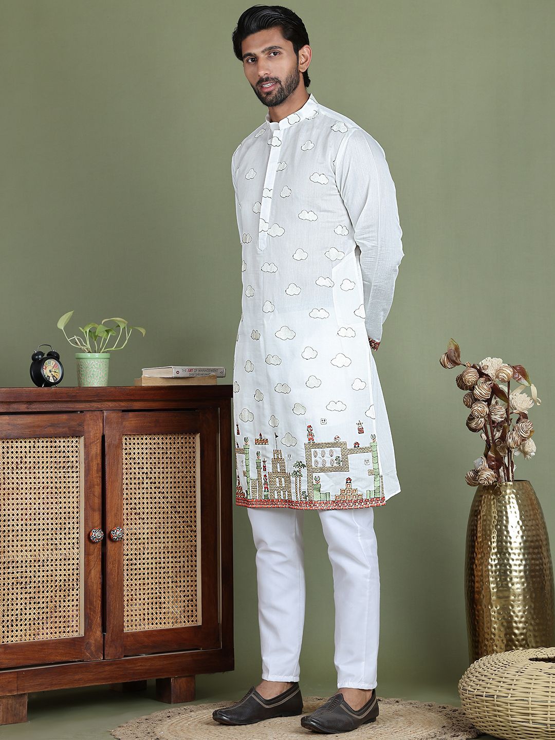Jompers Quirky Embroidered Mandarin Collar Straight Kurta With Pyjama