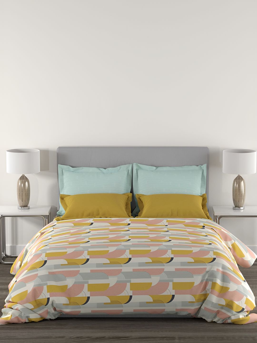 MYTRIDENT Charleen Yellow Flat 144TC Queen Cotton 1 Bedsheet with 2 Pillow Covers