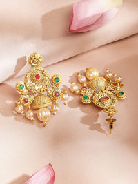 Rubans 24K Gold Plated Ruby & Emerald Stones and Pearl & Golden  Beads Temple Jewelry Set