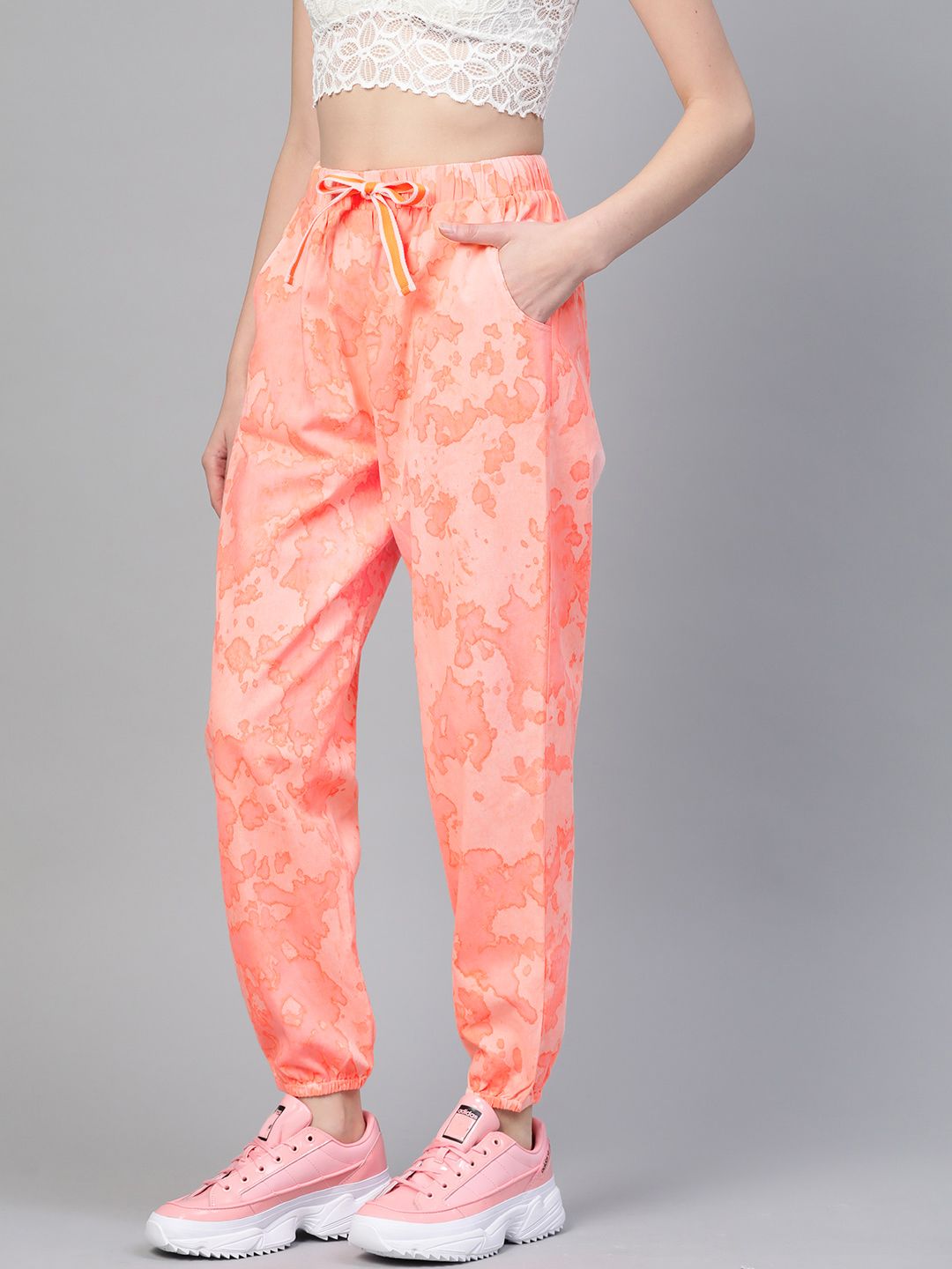 SASSAFRAS Women Peach-Coloured Tie & Dye Twill Pure Cotton Joggers