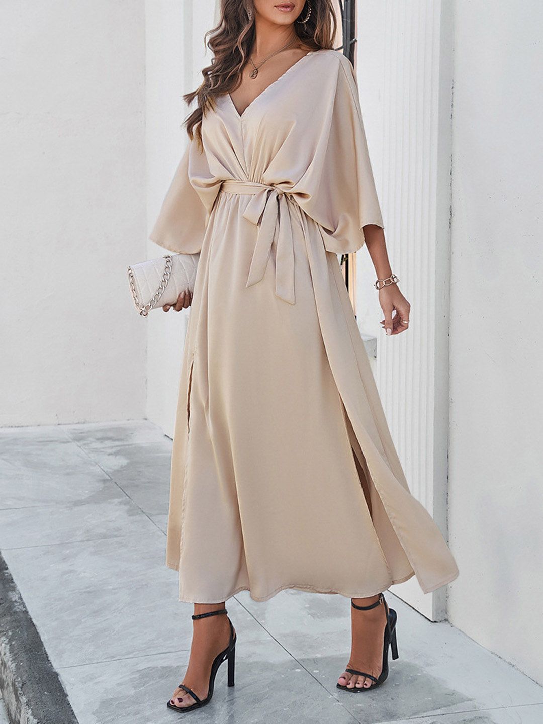 all about you Champagne Flared Sleeve V-Neck Maxi Dress