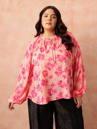 all about you Plus Size Floral Print Tie-Up Neck Puff Sleeves Semi-Sheer Georgette Top