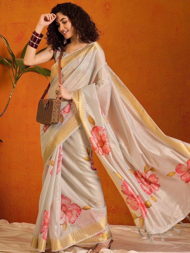 Saree mall Floral Printed Zari Organza Sungudi Sarees