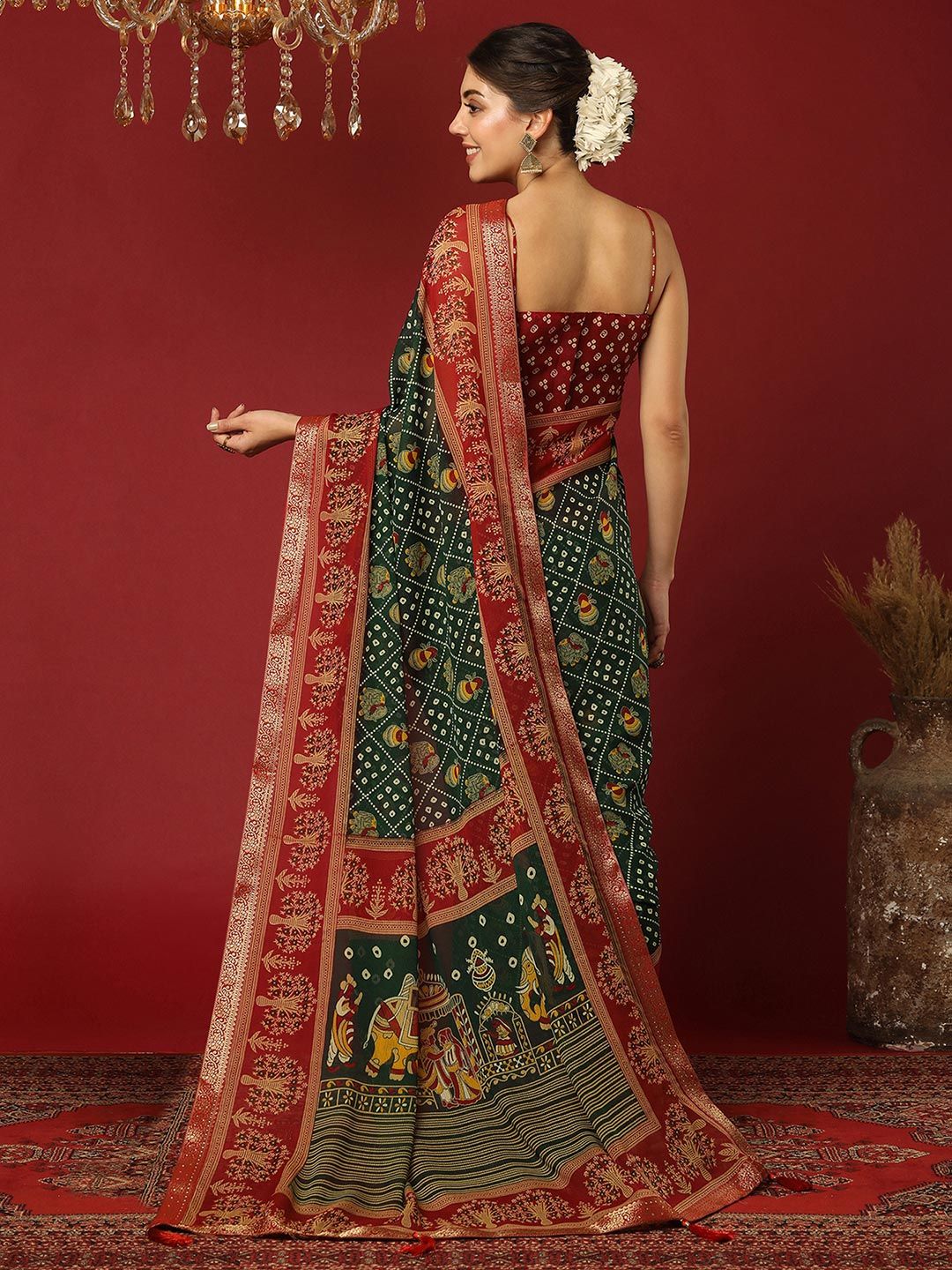 KALINI Bandhani Print Zari Pure Georgette Bandhani Saree