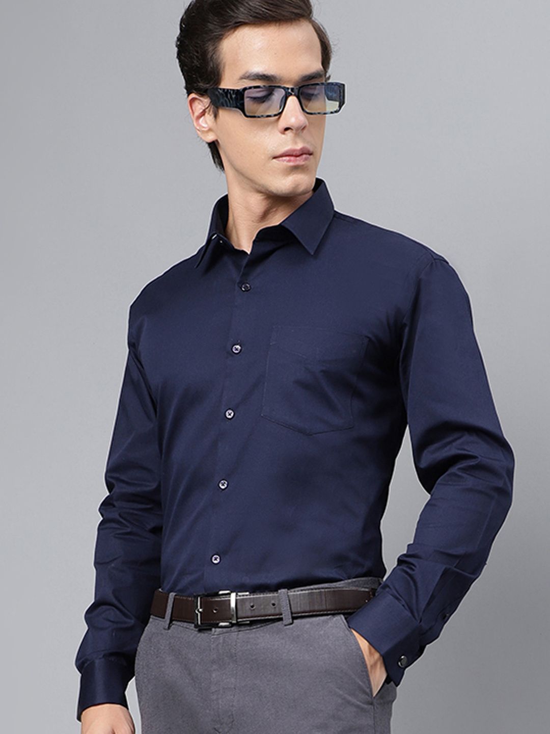 Hancock Men Nayy Blue Solid French Cuff Pure Cotton Slim Fit  Formal Shirt