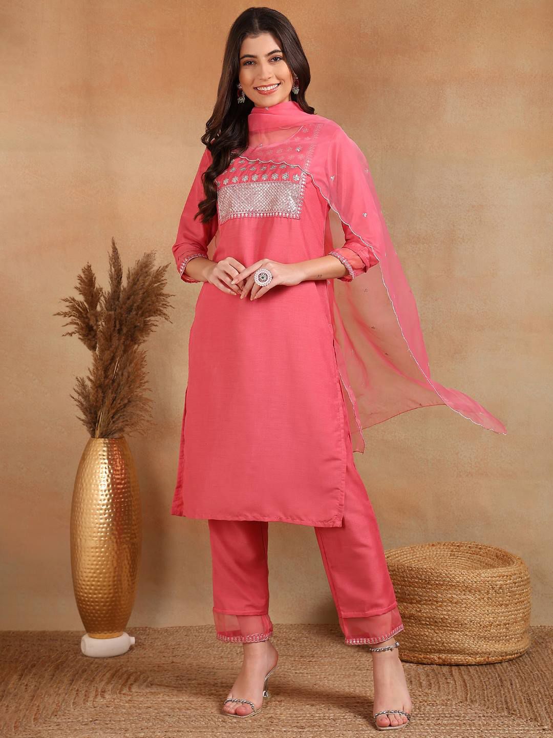 KALINI Ethnic Motifs Embroidered Sequinned Straight Kurta With Trouser & Dupatta
