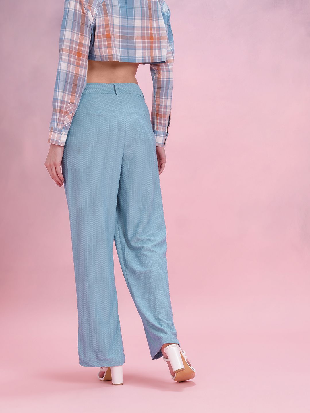 DressBerry Women Geometric Textured Pleated Detail Flared Fit Wide Leg Trousers
