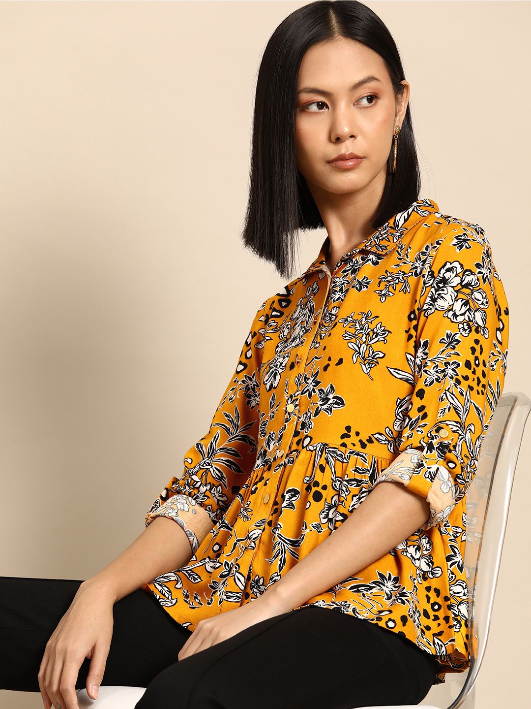 all about you Floral Print Roll-Up Sleeves Top