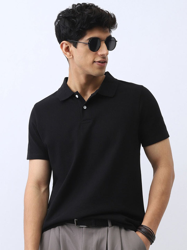 Urbano Fesyen Lelaki Hitam Pepejal Biasa Half Sleeve Cotton Polo T-Shirt
