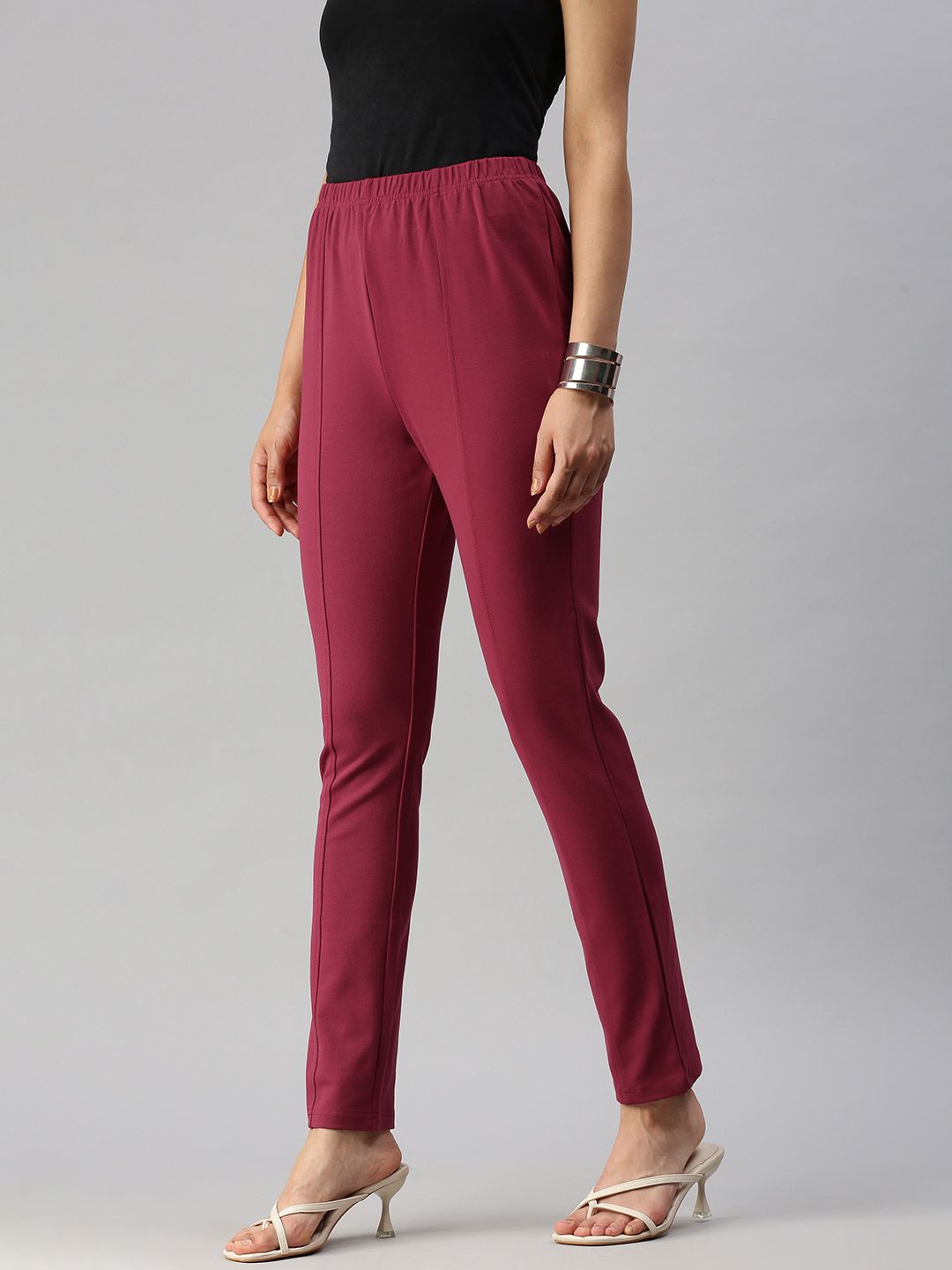 Global Desi Women Maroon Solid Tapered Fit Cigarette Trousers