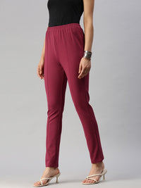 Global Desi Women Maroon Solid Tapered Fit Cigarette Trousers