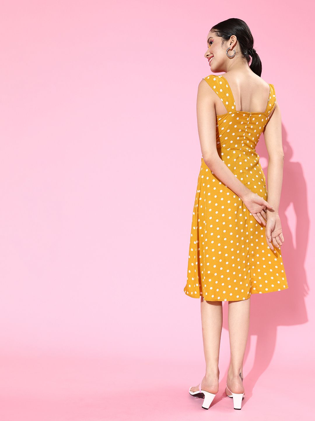 Berrylush Women Bright Yellow Polka Dots Sweetheart Neck Dress