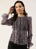 Antheaa Women Black & Lavender Floral Print Bishop Sleeves Peplum Top