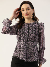 Antheaa Women Black & Lavender Floral Print Bishop Sleeves Peplum Top