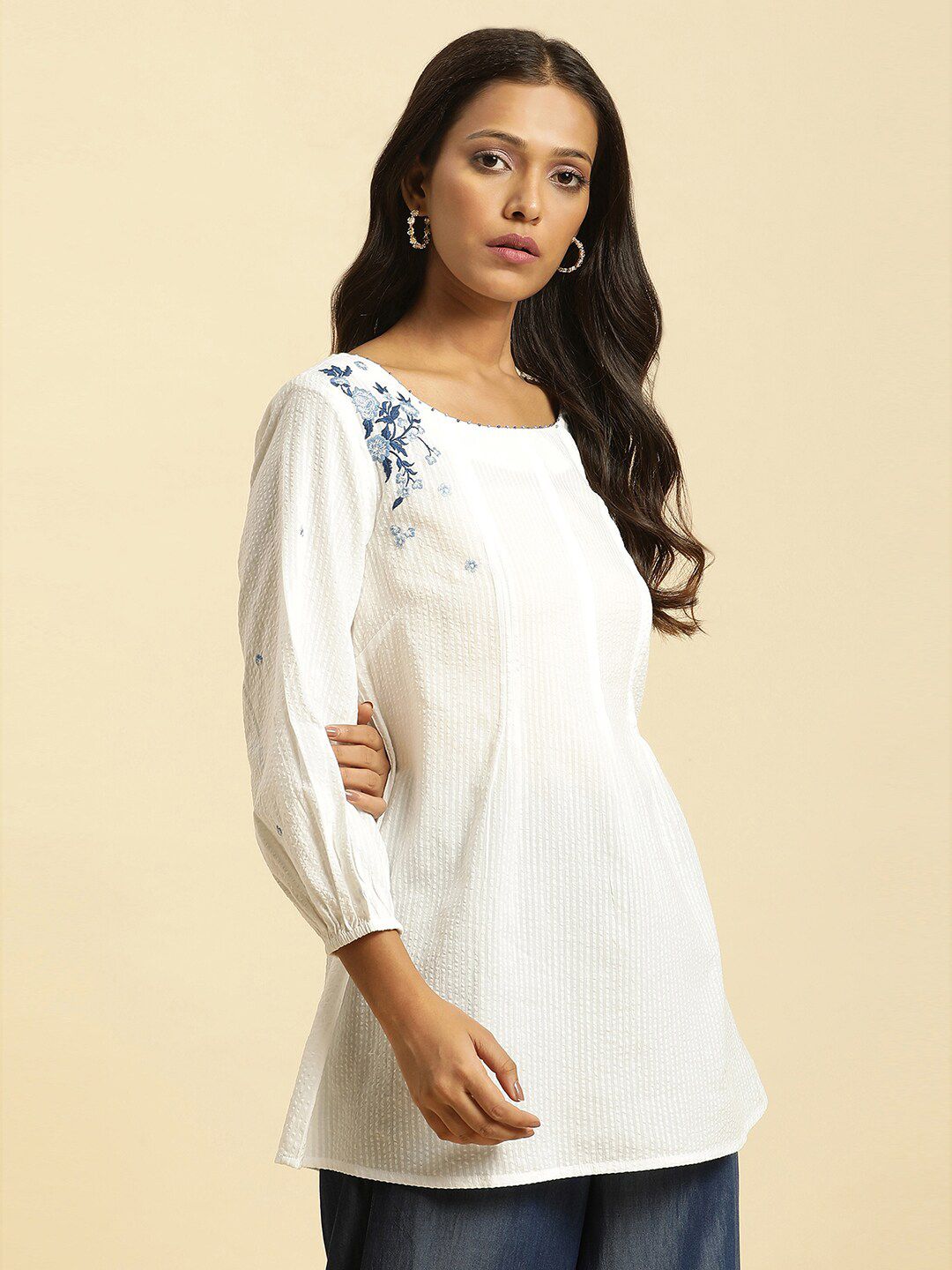 W Self Designed Puff Sleeves Pure Cotton A-Line Top