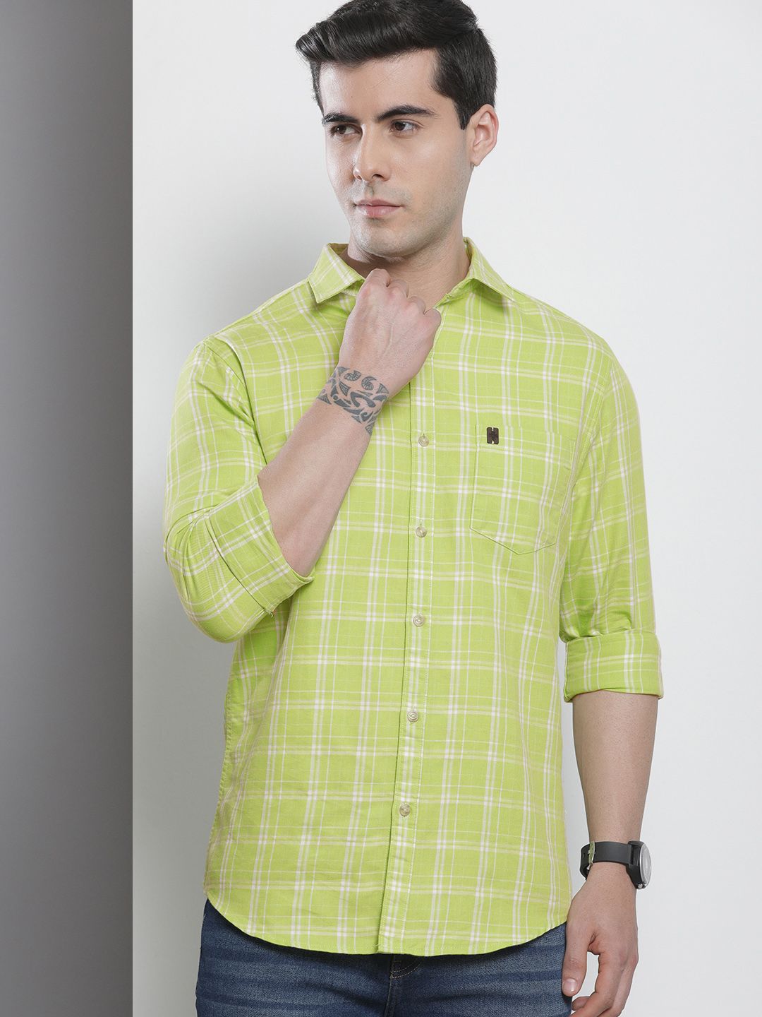 The Indian Garage Co Men Green & White Checked Pure Cotton Casual Shirt