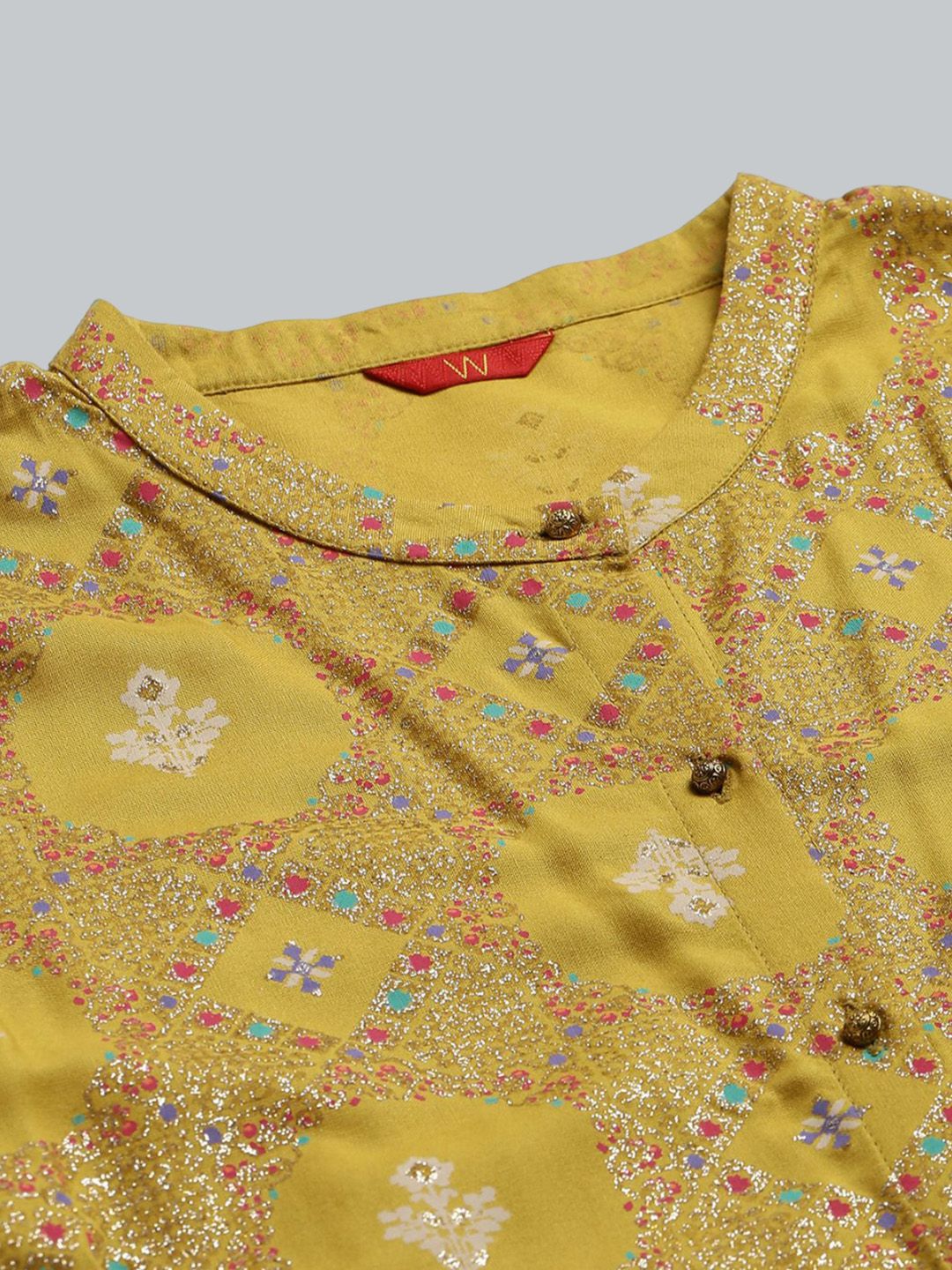 W Yellow Ethnic Motifs Printed Mandarin Collar Panelled A-Line Kurta
