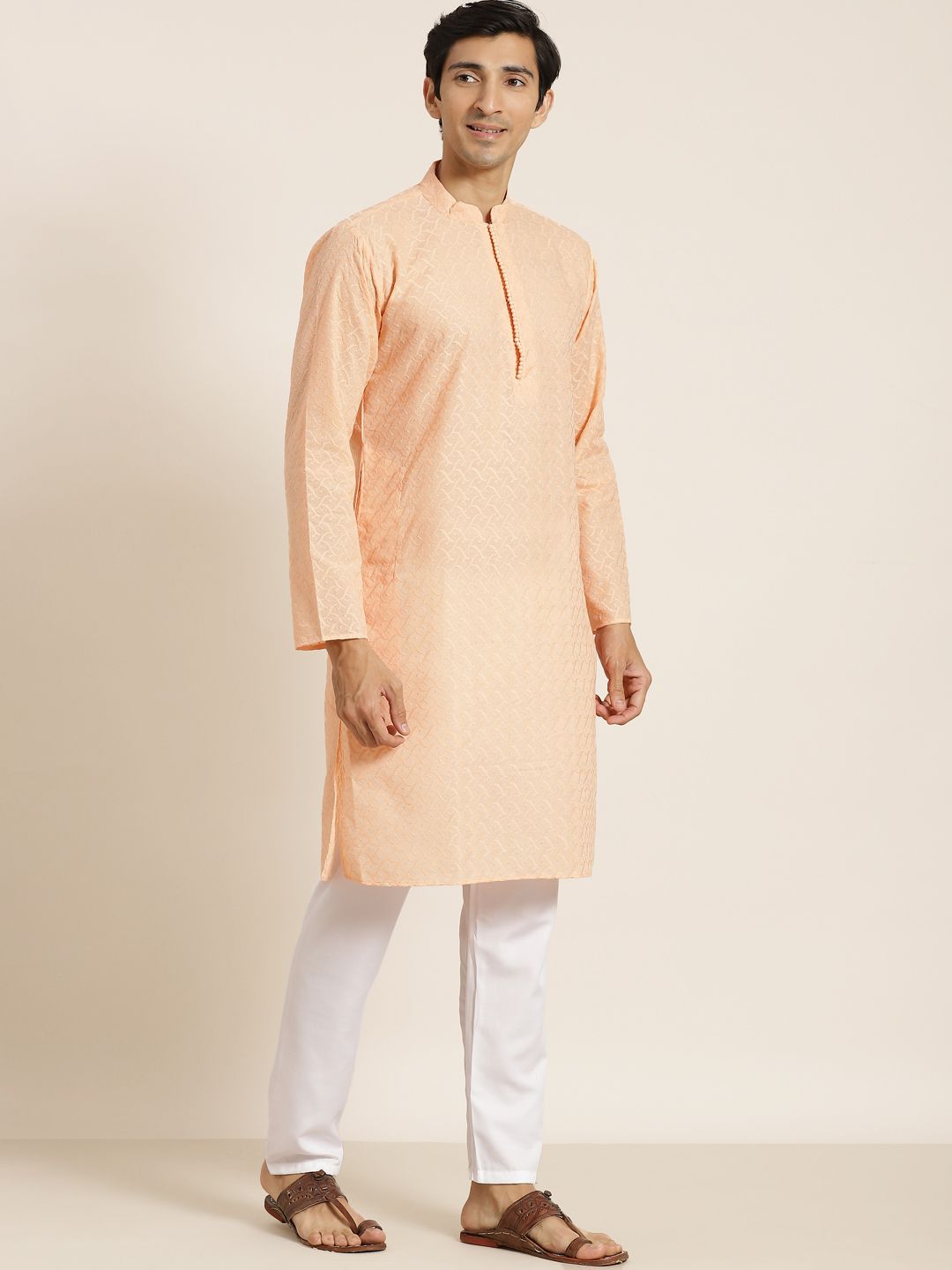 SOJANYA Men Peach-Coloured Chikankari Pure Cotton Kurta with Churidar & Nehru Jacket