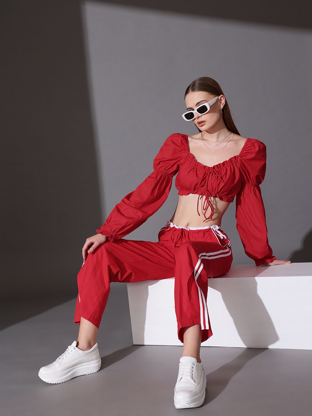 STREET 9 Sweetheart Neck Puff Sleeves Cotton Top