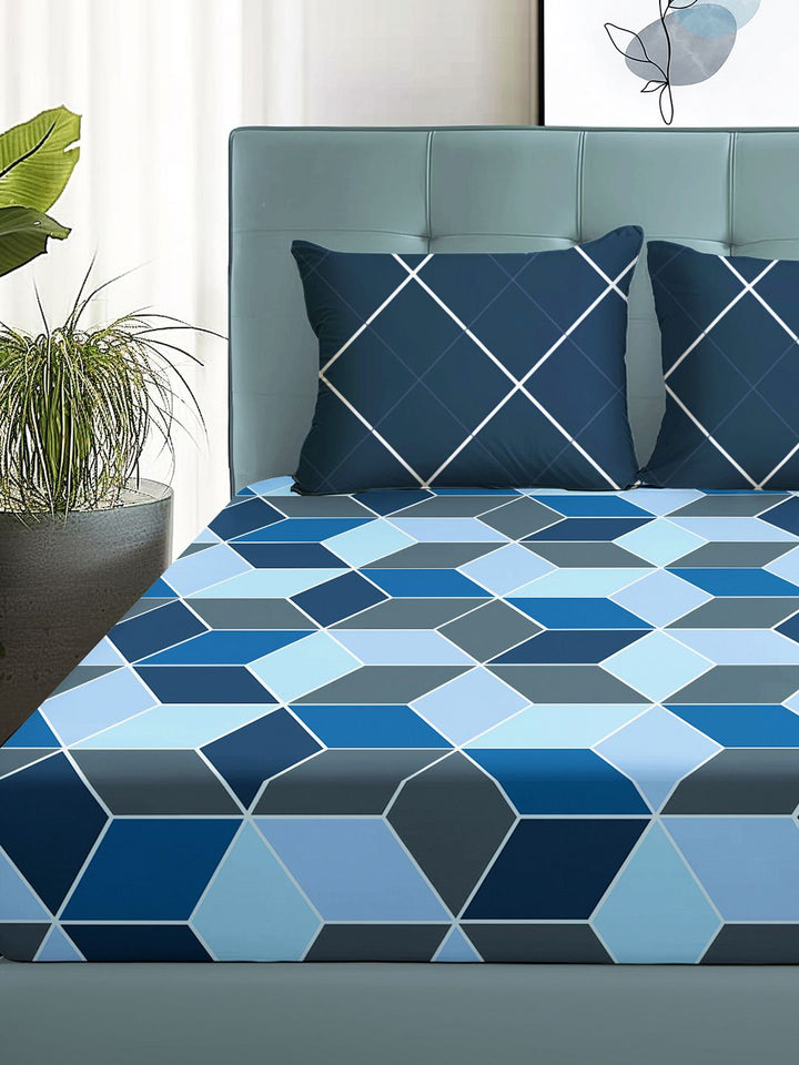Story@home  Arena Blue & Grey Geometric Printed 180 TC Queen Bedsheet & 2 Pillow Covers