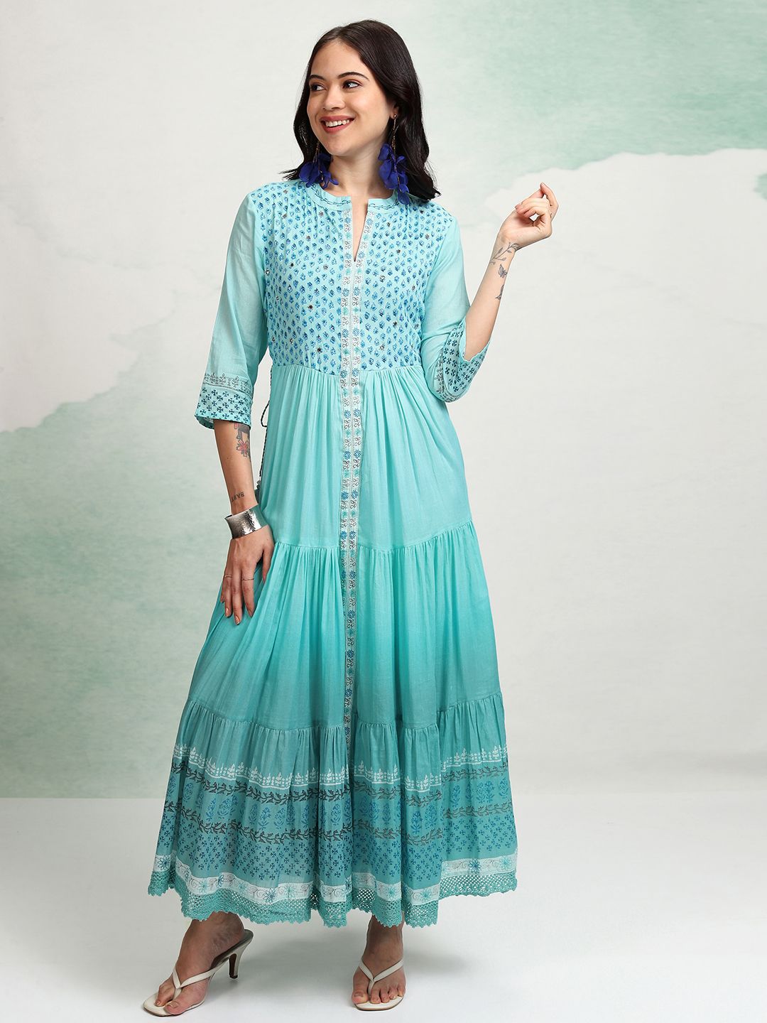 Vishudh Embroidered Ethnic Tiered Maxi Dress