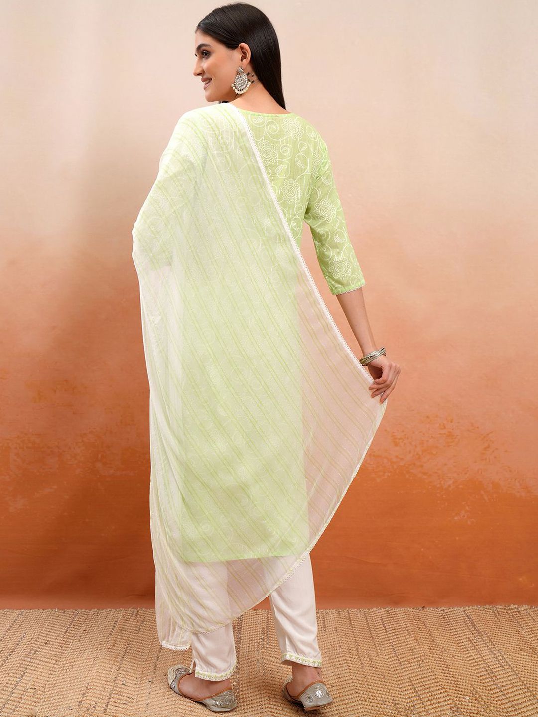 Vishudh Green Floral Printed Thread Work Pure Cotton A-Line Kurta With Trousers & Dupatta