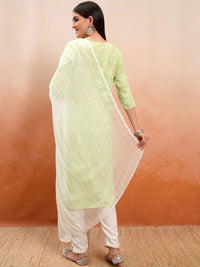 Vishudh Green Floral Printed Thread Work Pure Cotton A-Line Kurta With Trousers & Dupatta