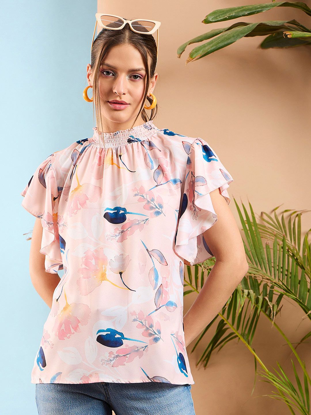 SASSAFRAS Floral Printed Flared Sleeve Smocked Top