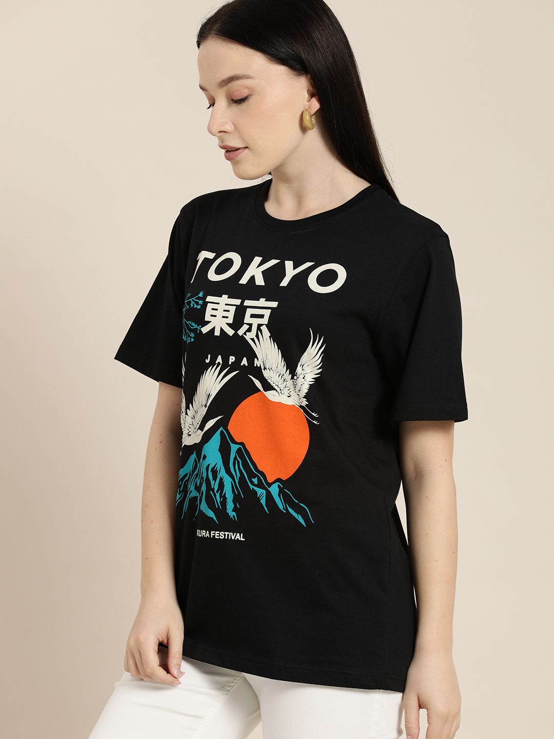 Difference of Opinion Women Black Printed Oversized Pure Cotton T-shirt
