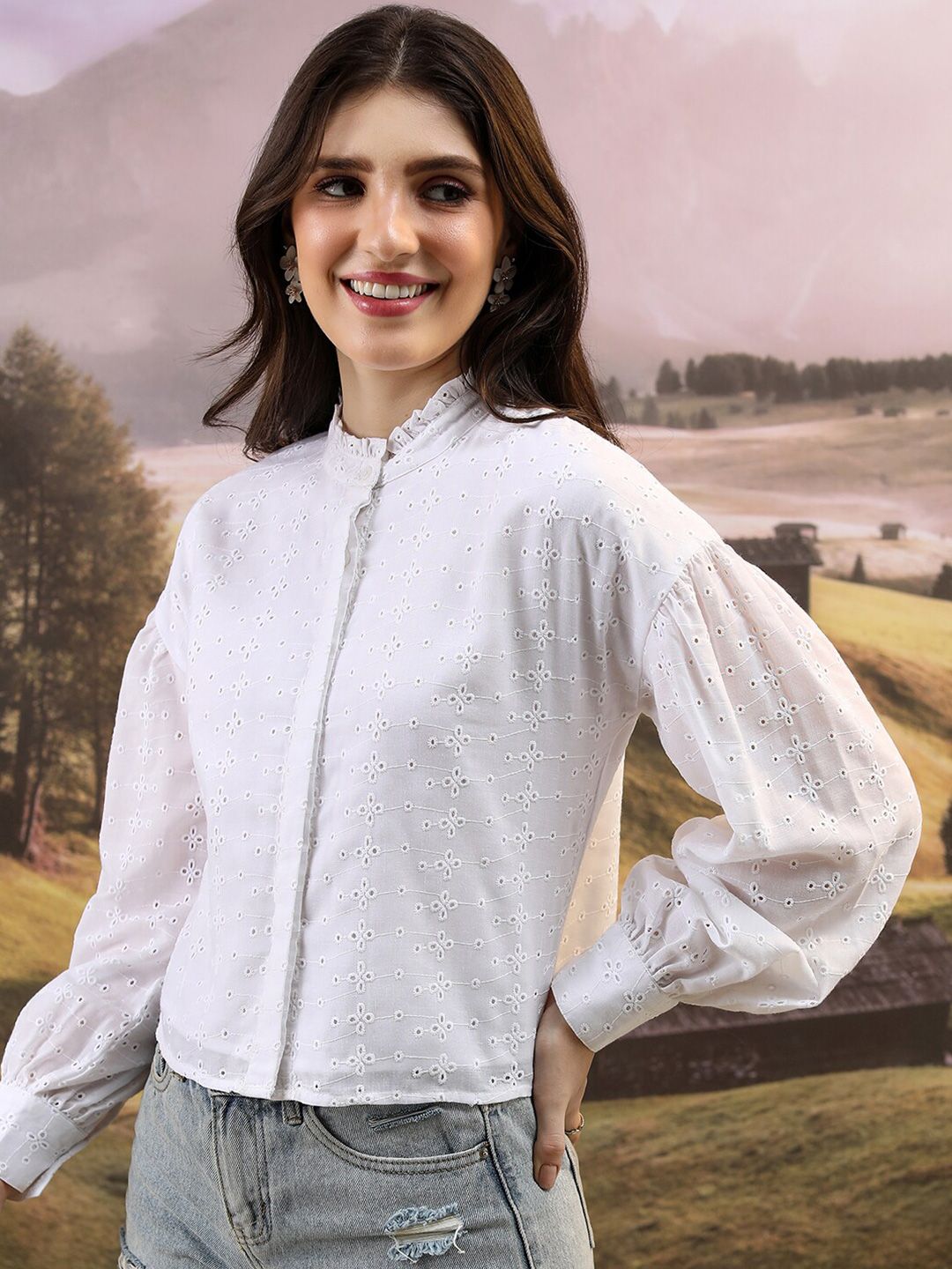 Tokyo Talkies White Self Design Schiffli Band Collar Cuffed Sleeves Shirt Style Top