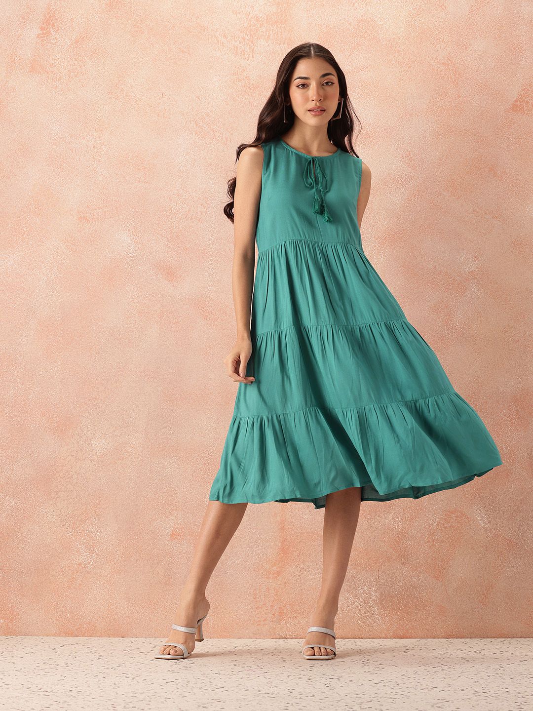 all about you Tie-Up Neck A-Line Tiered Midi Dress