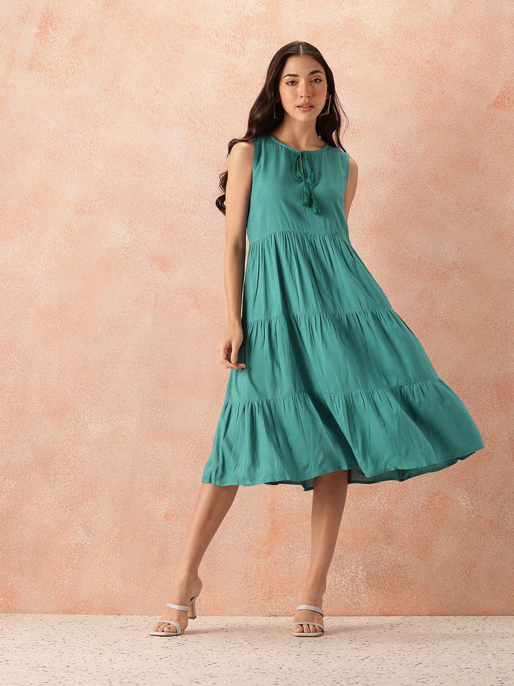 all about you Tie-Up Neck A-Line Tiered Midi Dress