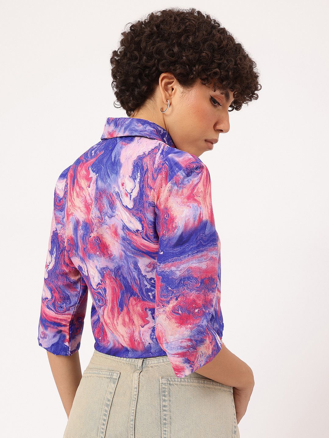 DressBerry Abstract Print Chest Pocket Crop Shirt