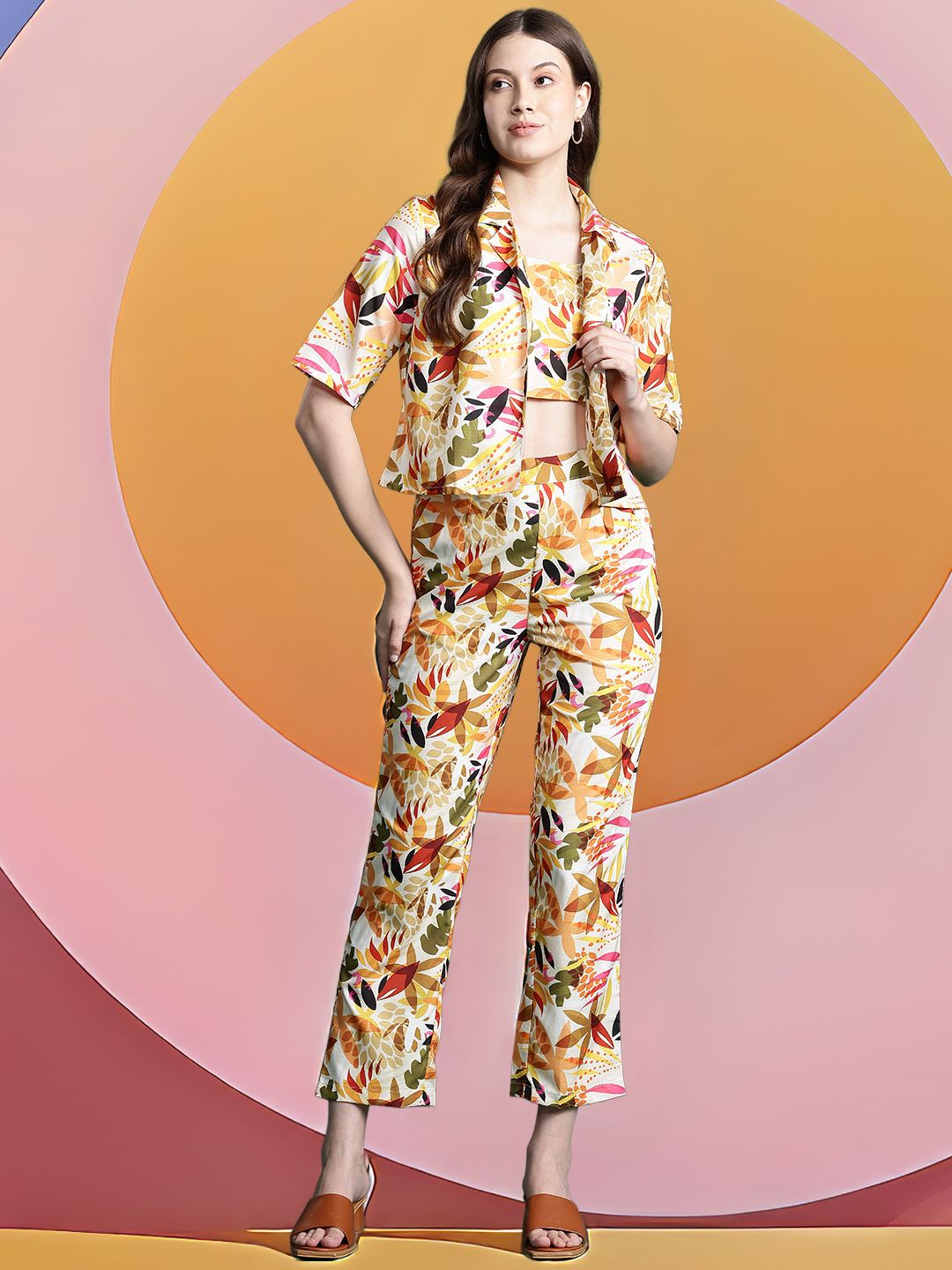 DressBerry Floral Print Crop Top With Trousers & Shirt