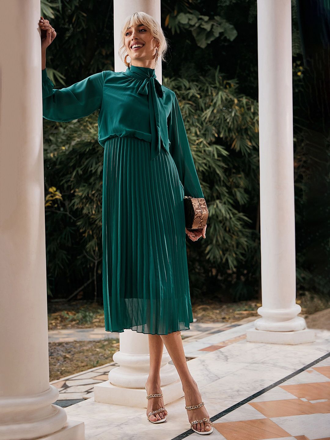 SASSAFRAS Tie-Up Neck Accordion Pleated Georgette A-Line Midi Dress
