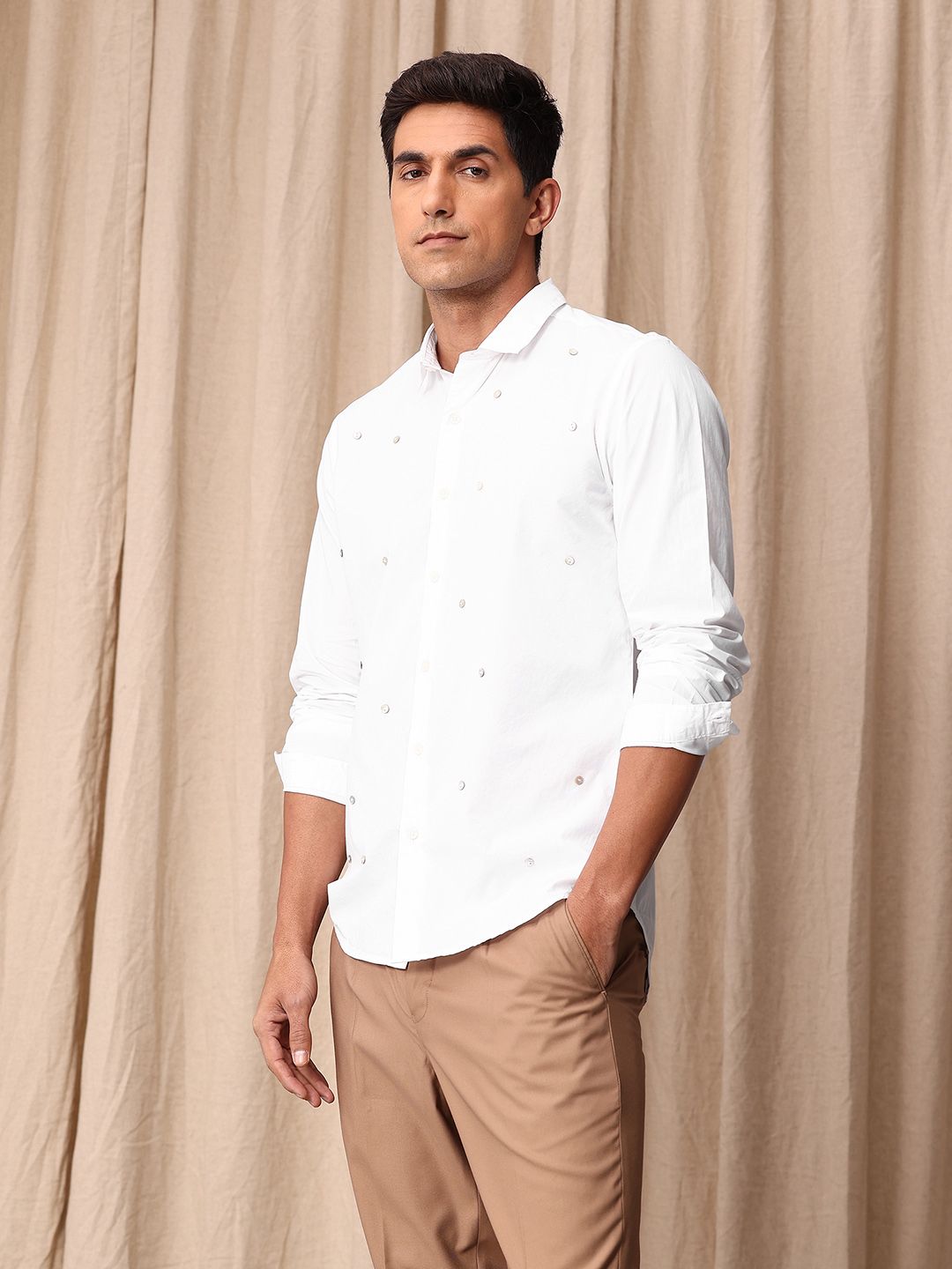 Mr Bowerbird Pure Cotton Button Detail Tailored Fit Casual Shirt