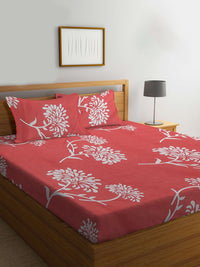KLOTTHE Red Floral 300 TC King Size Fitted Bedsheet with 2 Pillow Covers