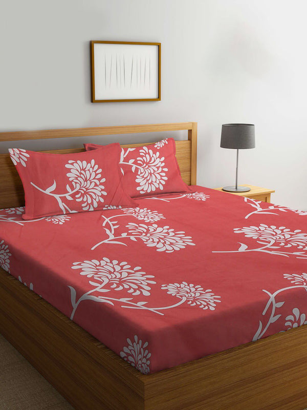 KLOTTHE Red Floral 300 TC King Size Fitted Bedsheet with 2 Pillow Covers