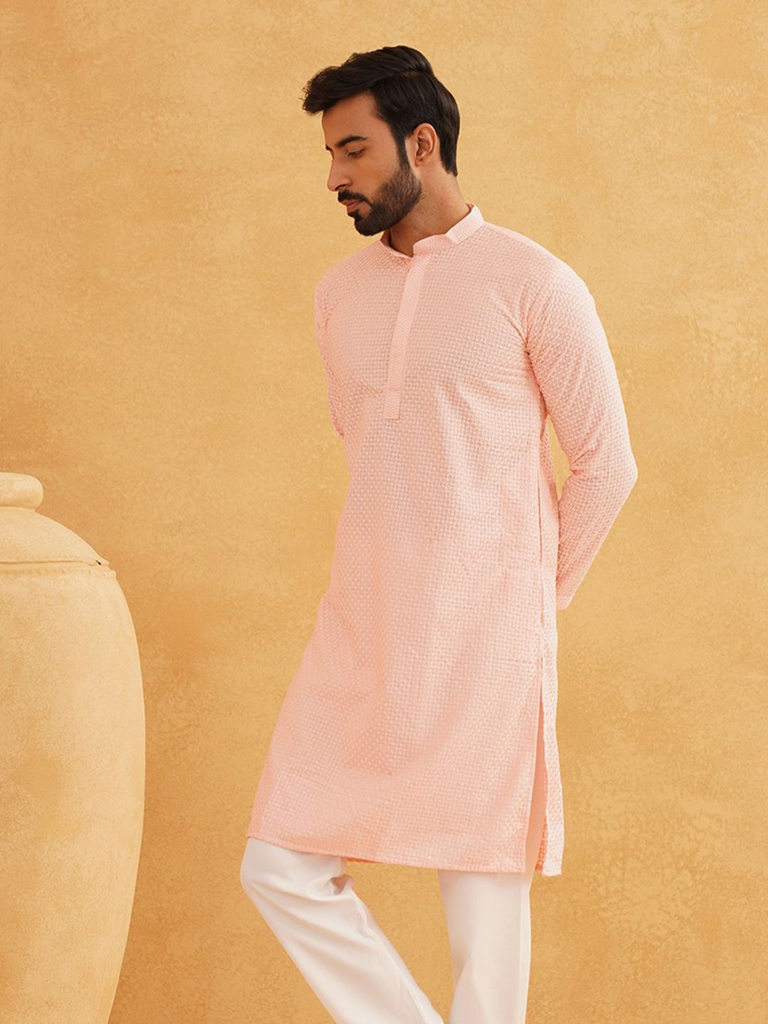 SOJANYA Geometric Embroidered Mandarin Collar Straight Pure Cotton Kurta