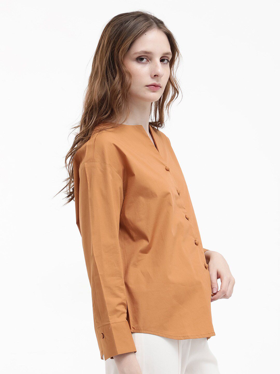 RAREISM Cotton Notched Neck Cuffed Sleeves Styled Back Casual Top