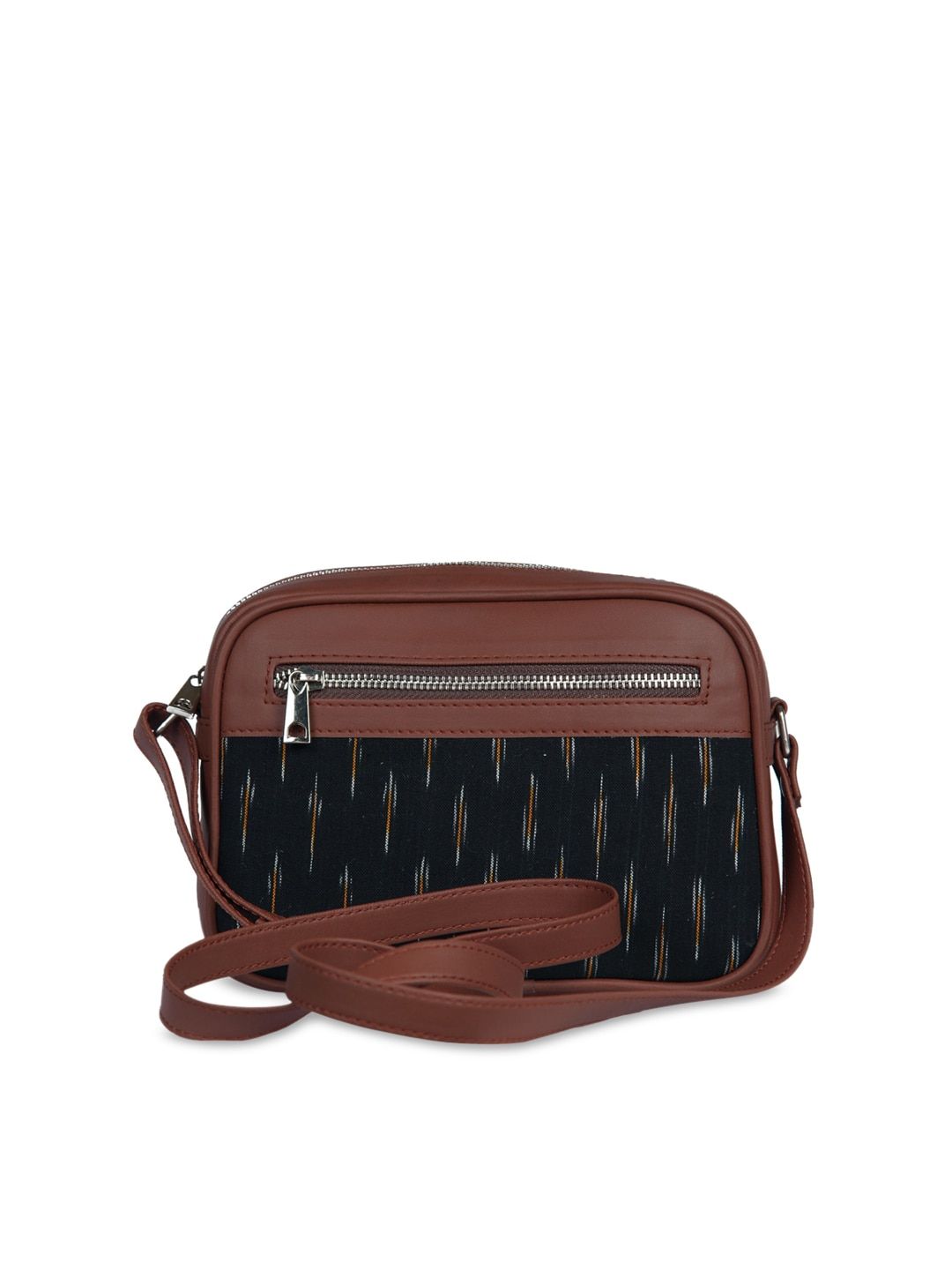 ZOUK Black & Orange Ikkat Woven Design Handcrafted Vegan Leather Sustainable Sling Bag