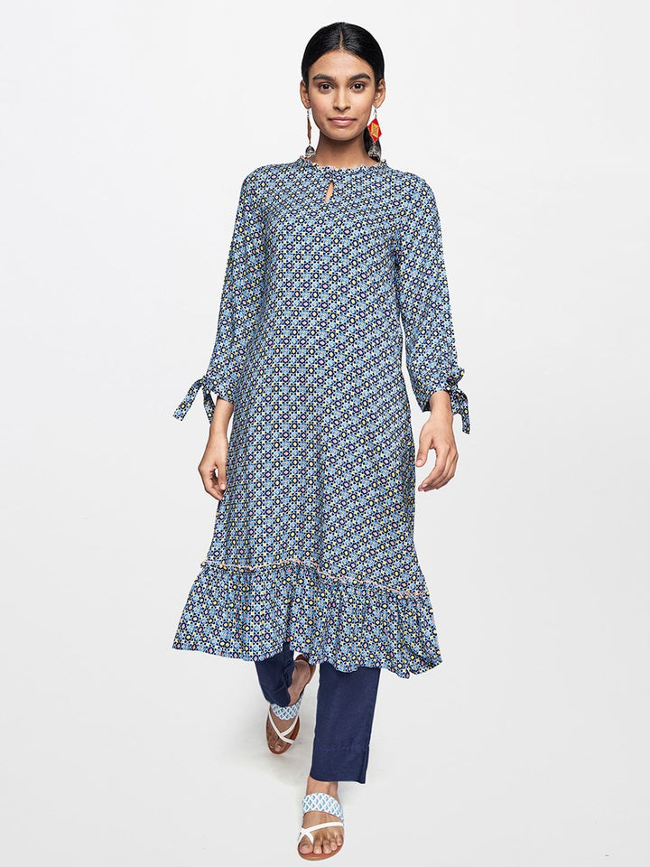 Global Desi Women Blue & Yellow Printed Keyhole Neck Kurta