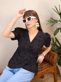 SASSAFRAS Black Self Design Schiffli Cotton Peplum Wrap Top